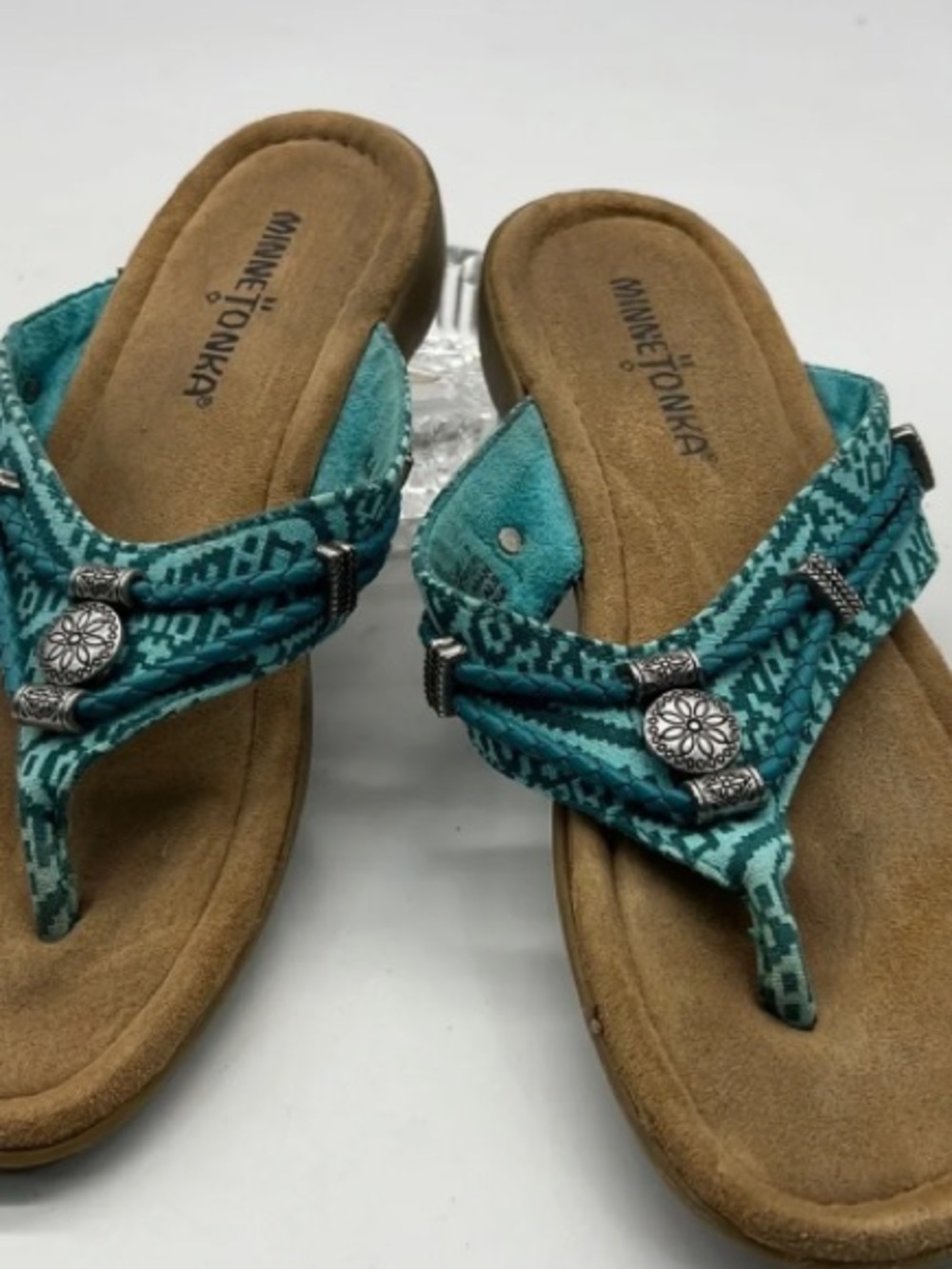 Minnetonka Turquoise Patterned Thong Sandals with Silver Conchos